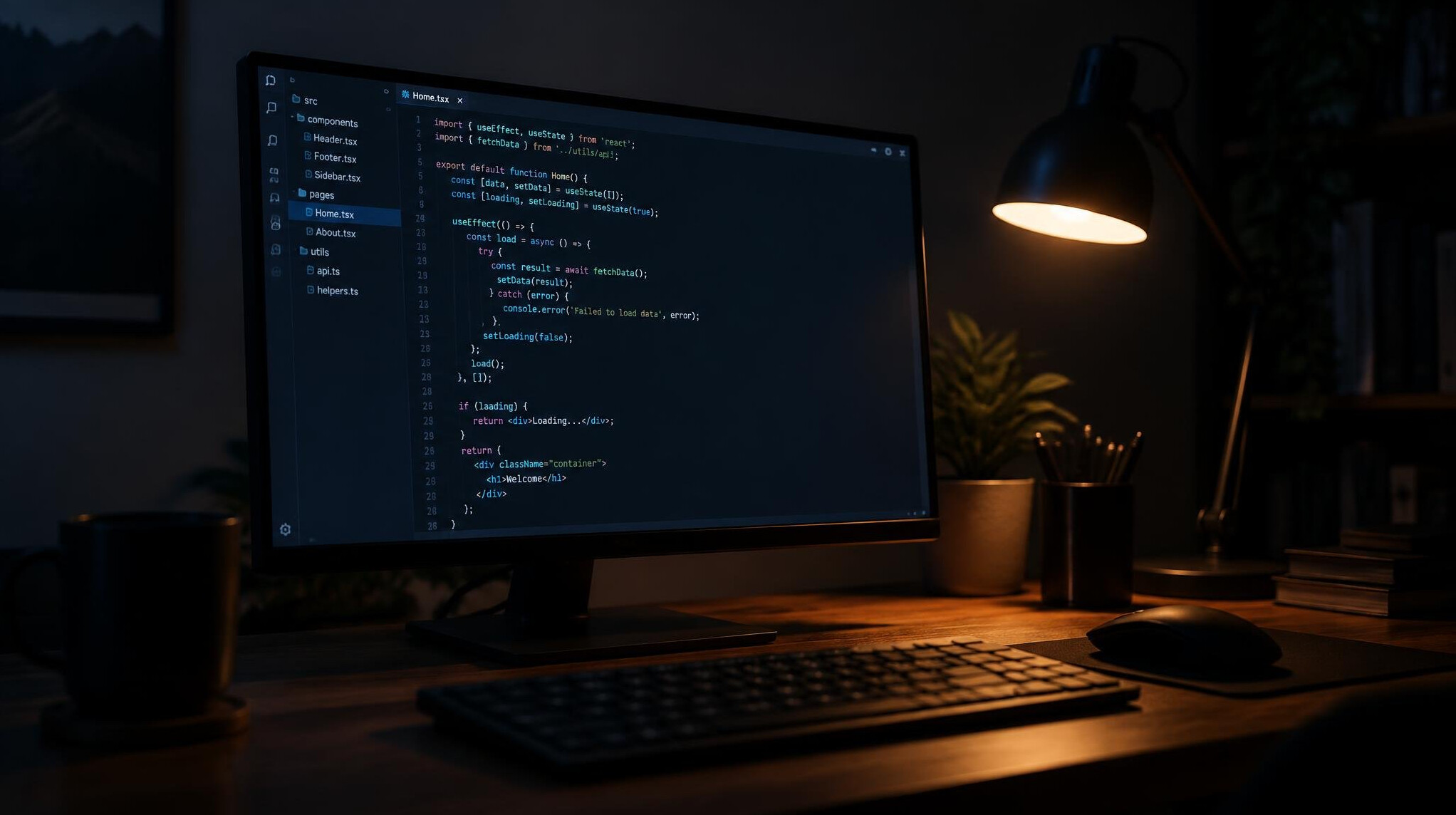 Computer screen with programming code and lamp