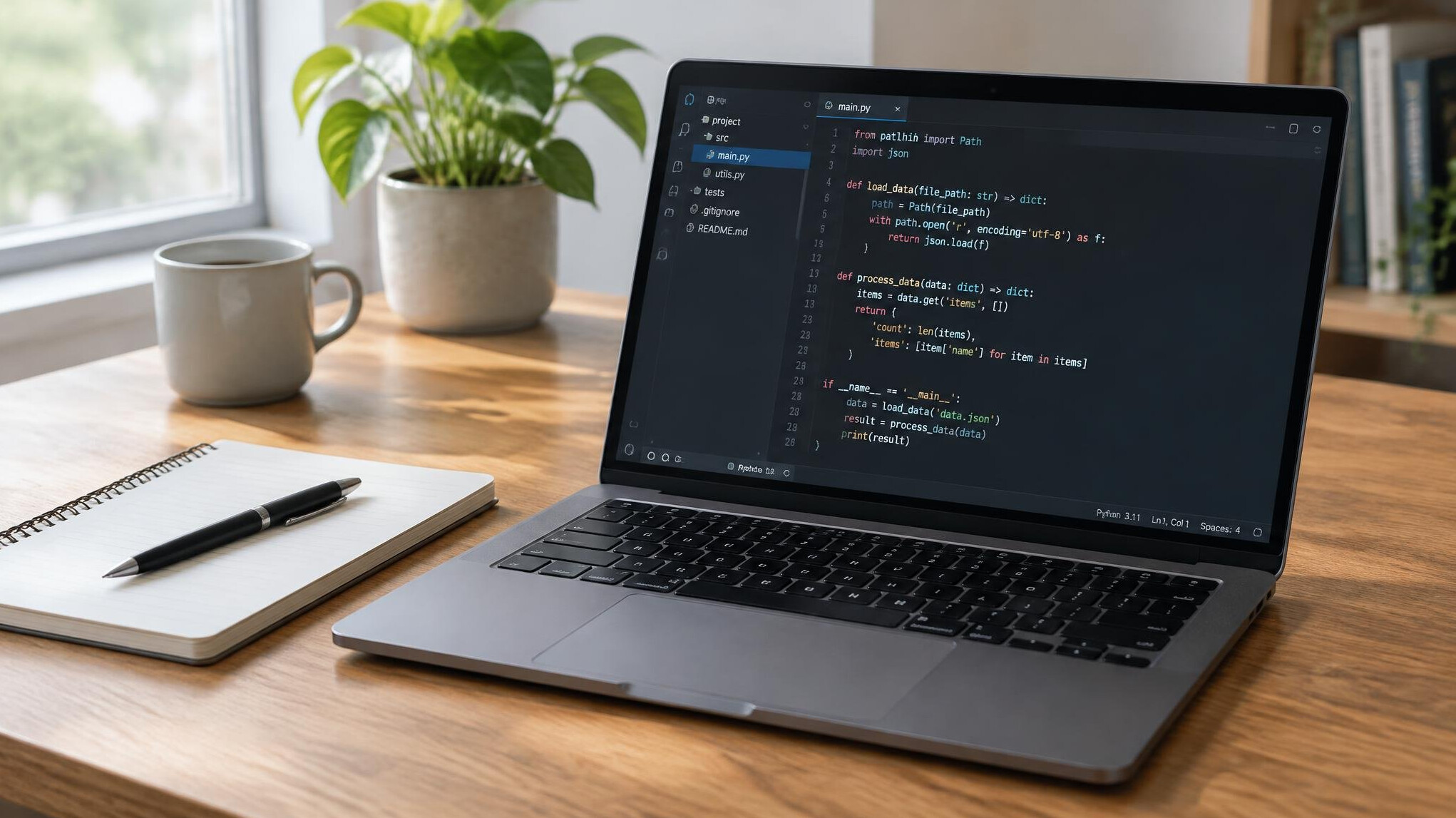 Laptop with code editor open on a wooden desk