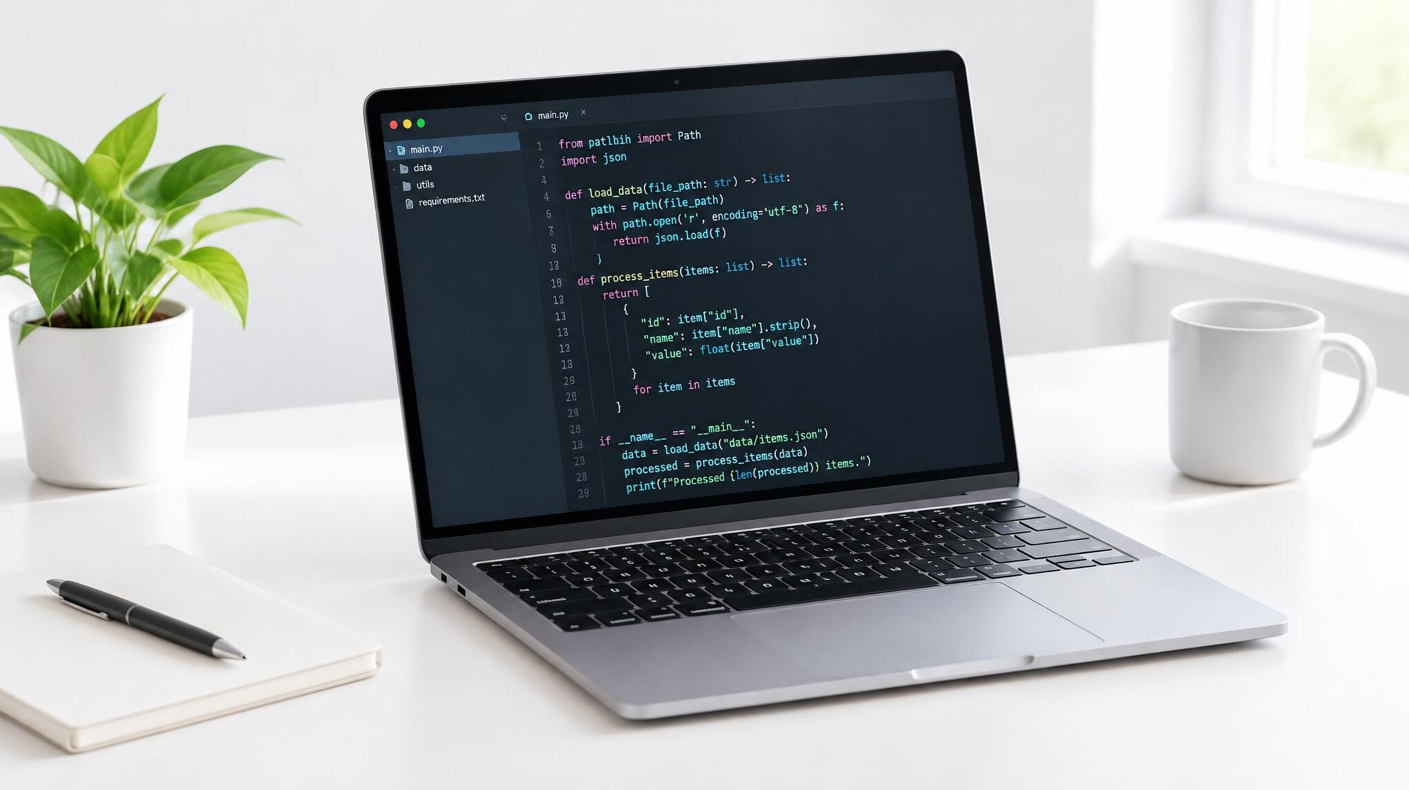 Laptop with colorful code on a white desk