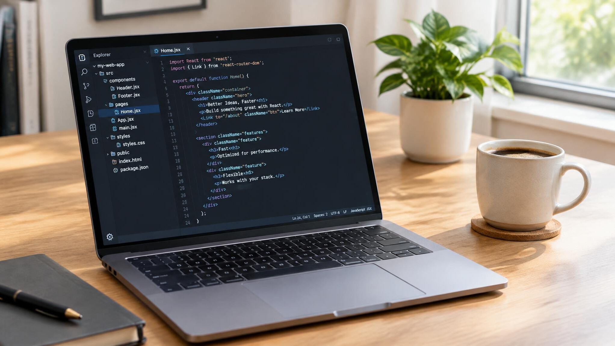 Laptop and coffee cup on a desk with code on screen