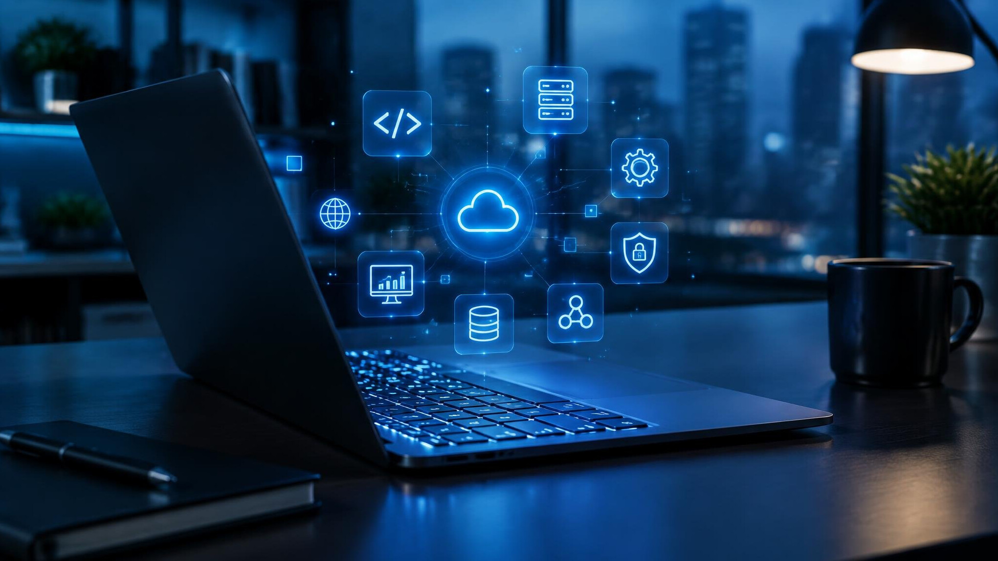 Laptop with glowing keyboard in a dim workspace