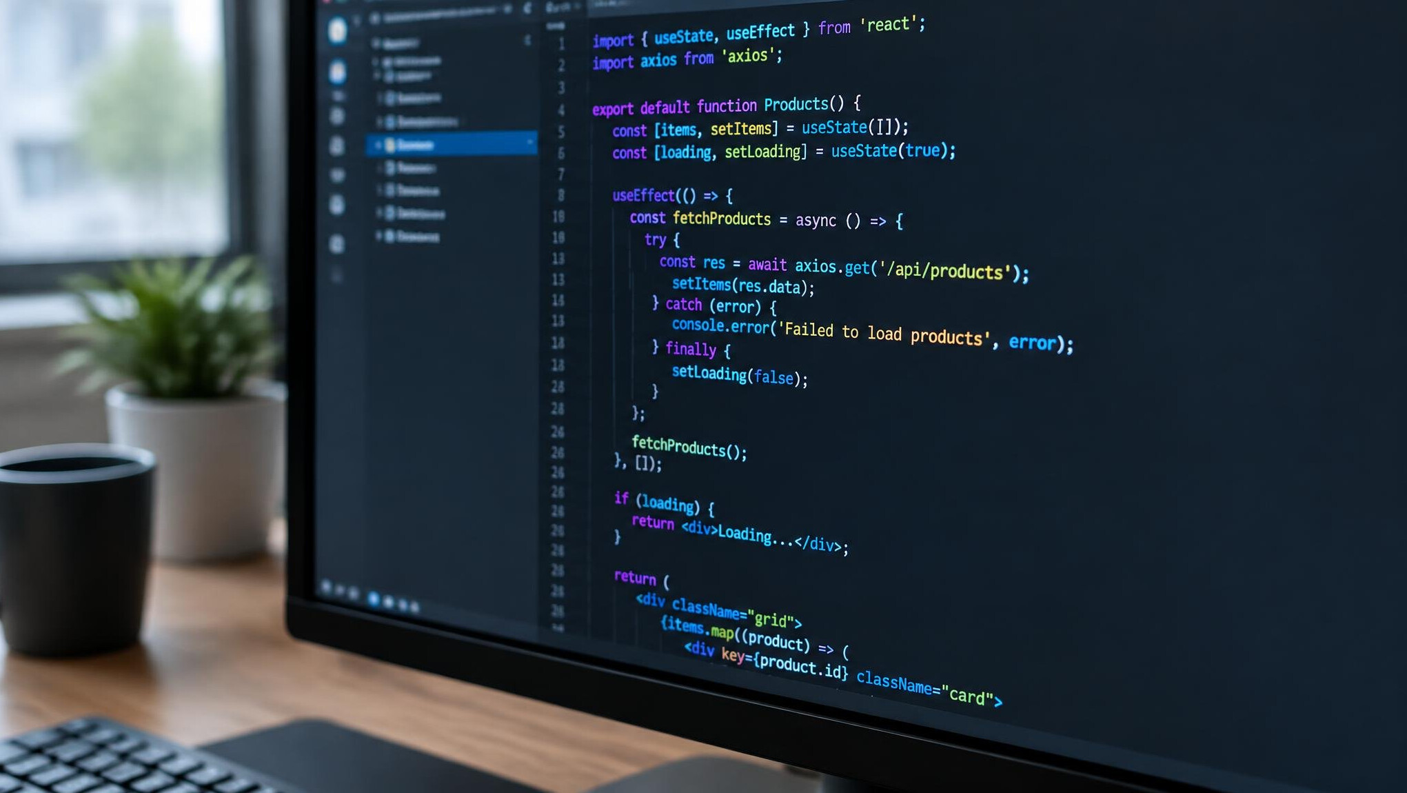 Monitor with colorful source code on a dark screen