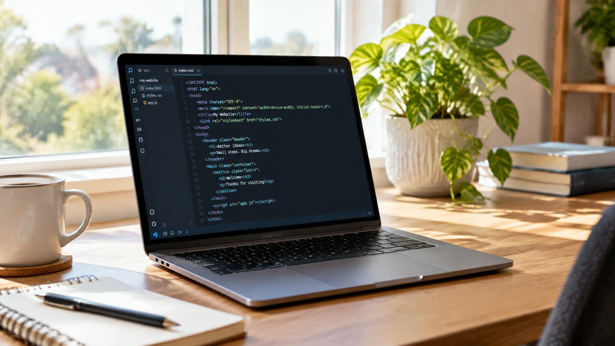 Laptop with web code on a desk near a window